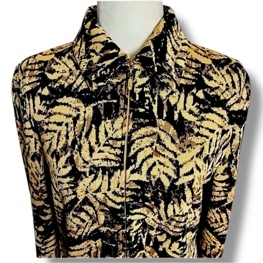 St. JOHN COLLECTION  tan & Black Leaf print Zip Front Cardigan Size 6